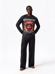 Rest Era Cartoon Print Round Neck Long Sleeve Long Pants Men's Loungewear Set - Black - View 3