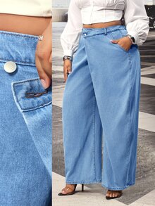 Slaydiva Jeans Plus Pinggang Tinggi Kaki Lebar - Biru - View 9
