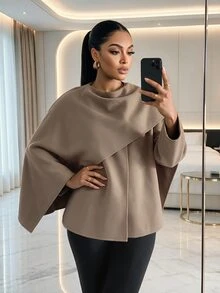 SHEIN Lady Plus Size Women's Solid Color Casual Versatile Daily Overcoat Winter - Brown - View 4