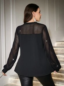 Reflora Plus Size Long Sleeve Round Neck Rhinestone Transparent Women's Blouse - Black - View 2