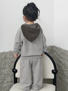 DAZY Infant/Toddler (Girl) Hooded Striped Long Sleeve Autumn/Winter Korean Style 2 Pieces Sweatshirt Set - Light Grey - View 2