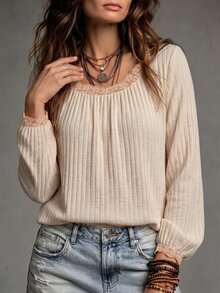 Glimmora New Women's Fashion Casual Versatile Raglan Sleeve Ribbed Lace Patchwork Long Lantern Sleeve T-Shirt - Multicolor - View 5