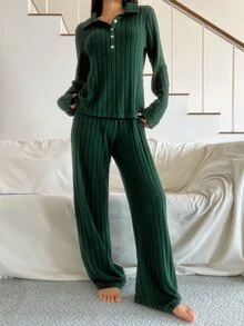 DAZY Women's Solid Color Long Sleeve Top And Pants Casual Daily Home Sleepwear Set - Coffee Brown - View 6
