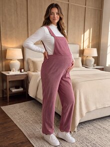 SHEIN Maternity Corduroy Pink Straight Leg Overalls With Wide Strap Frill Trim Front Pockets Adjustable Back Buckles Cute Loose Fit Casual Fall - Pink - View 2