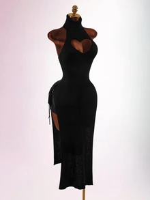 Amplova Women's Heart-Shaped Cutout Front Slit Knit Dress - Black - View 4