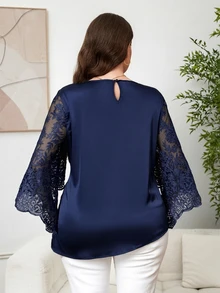 Reflora Plus Size Vintage Fashion Lace Pleated Blouse For Office - Navy Blue - View 2