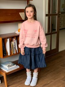 Dazy Kids Tween Girl) Loose Round Neck Bow Pullover Sweatshirt, Long Sleeve Basic Layering Top, Autumn/Winter - Pink - View 5