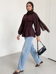 Veilorie Women's Solid Color Pleated Casual Versatile Daily Wear Shirt - Brown - View 5