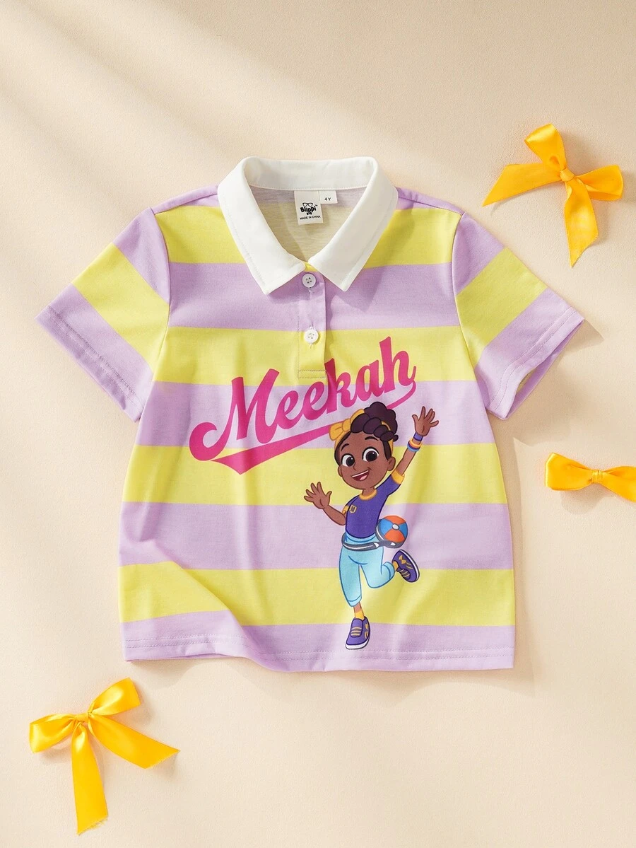 Blippi X SHEIN Young Girl Striped Letter Print Short Sleeve Polo Collar T-Shirt - Multicolor - View 1