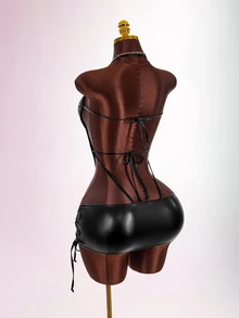 Amplova Women's Knitted Jumpsuit Set, Sexy Avant-Garde Style For Vacation, Open Back Detail, Sexy Criss-Cross Drawstring Skirt - Black - View 13