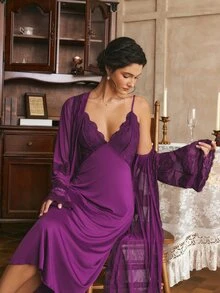 Côtesoire Women's Lace Patchwork Camisole Dress And Robe Casual Loungewear Sleepwear Set - Purple - View 4