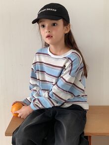 Dazy Kids Tween Girl) Loose Striped Crew Neck Casual Basic Pullover T-Shirt Top, Autumn - Blue - View 4
