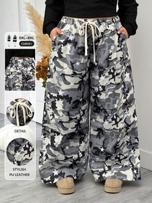 SHEIN CURVE+ Plus Size Women's Spring And Summer Basic Striped Tree Branch Pattern Wide Leg Sports Pants - Grey - View 1