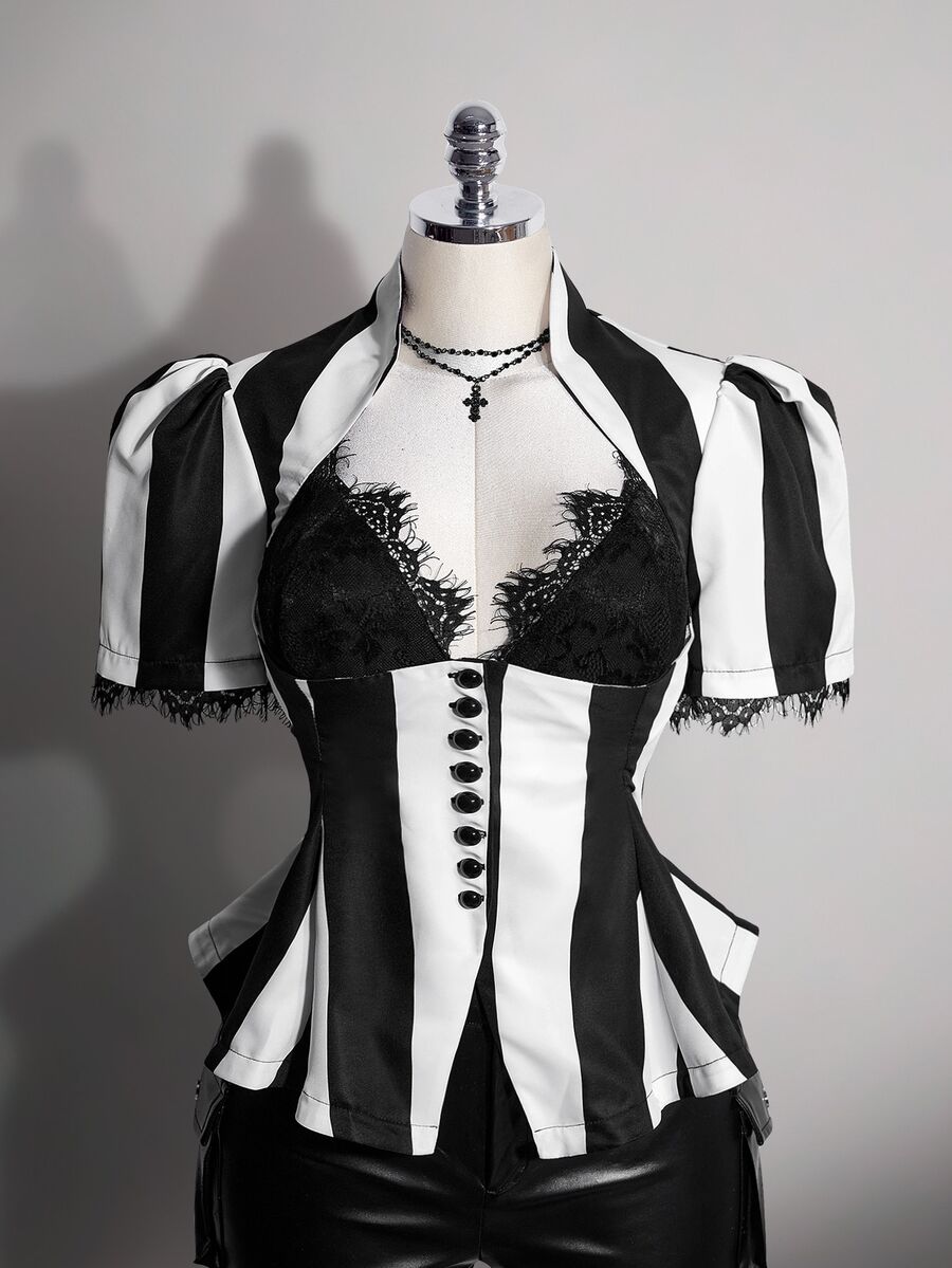 SHEIN ICON ملابس علوية نسائية مقاس كبير بتصميم دانتيل ورقعات ملونة متعددة الاستخدامات عصرية - أبيض وأسود - مشاهدة 1