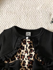 SHEIN Playful Pals 女童豹紋荷葉邊蝴蝶結前襟長袖兩件套，2合1羅紋針織可愛秋季套裝 - 彩色 - 查看 4