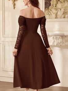 Vintamour Women's Lace Patchwork Tube Casual Party Long Strapless Dress - Brown - View 8