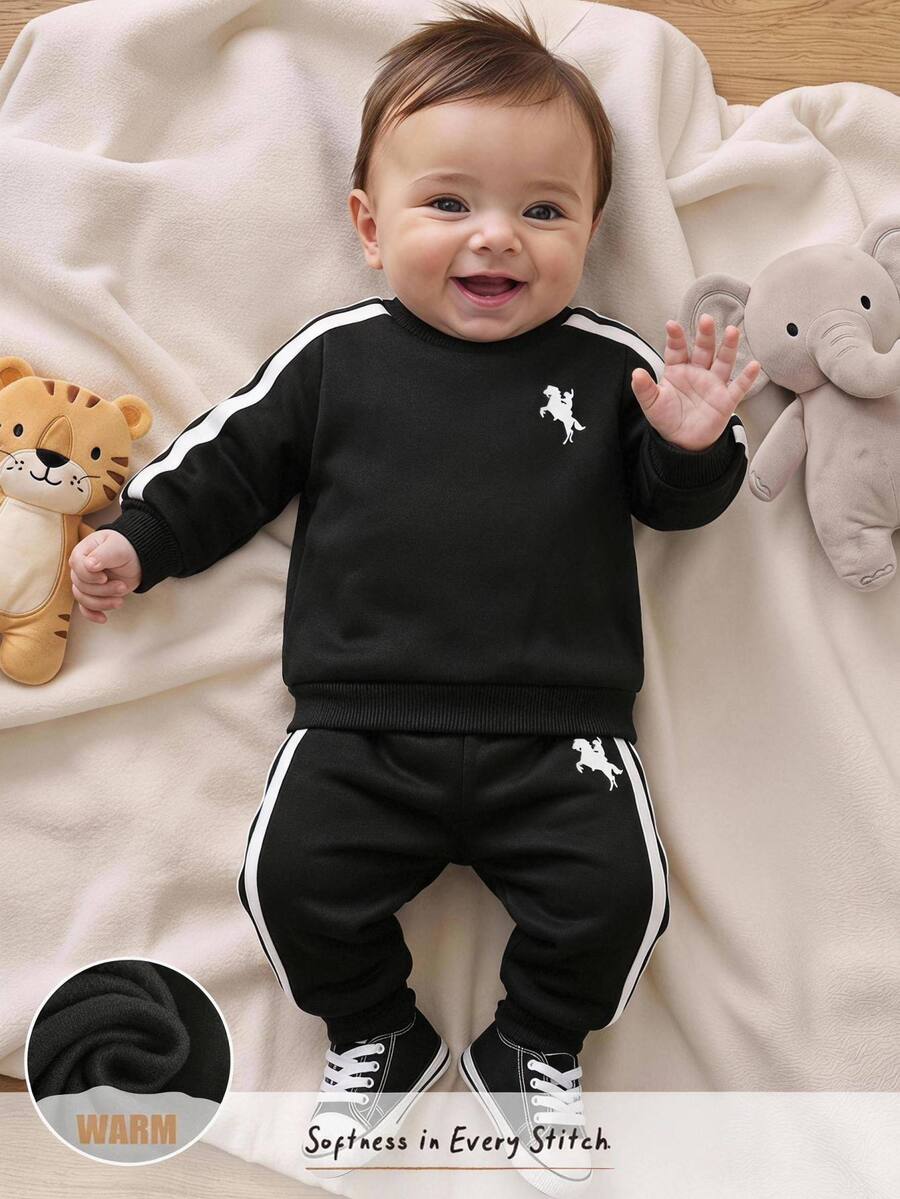 Cozy Pixies Newborn Baby Round Neck Long Sleeve Top And Pants Set - Black - View 1