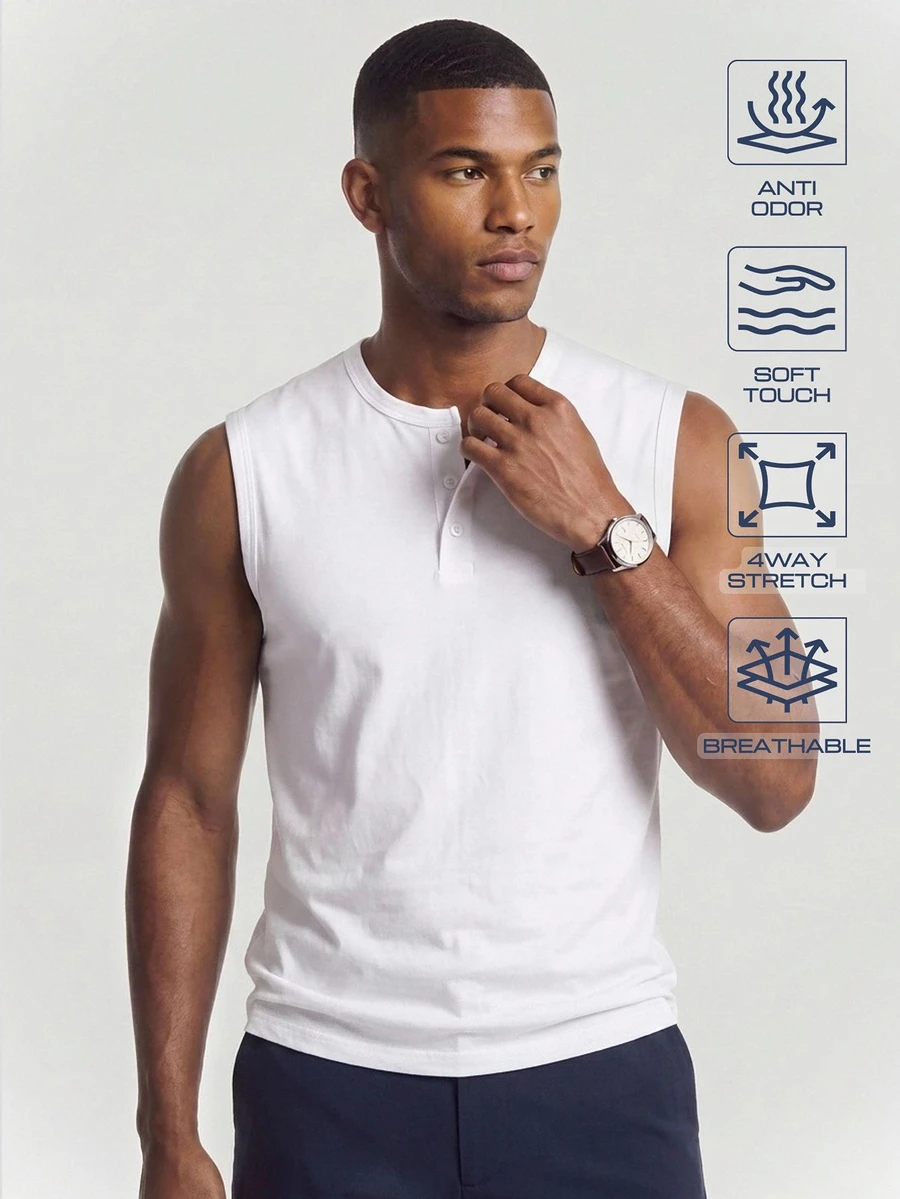 TekDrob Anti-Odor Modal Henley Tank Top - White - View 1