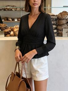 SHEIN PariChic Women's V-Neck Polka Dot Casual Daily Wear Blouse - Black - View 3