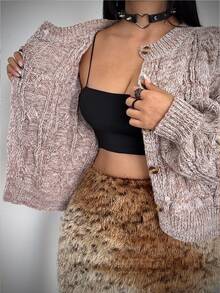 Whyspr Plus Size Women's Dropped Shoulder Long Sleeve Single-Breasted Knit Cardigan - Brown - View 3