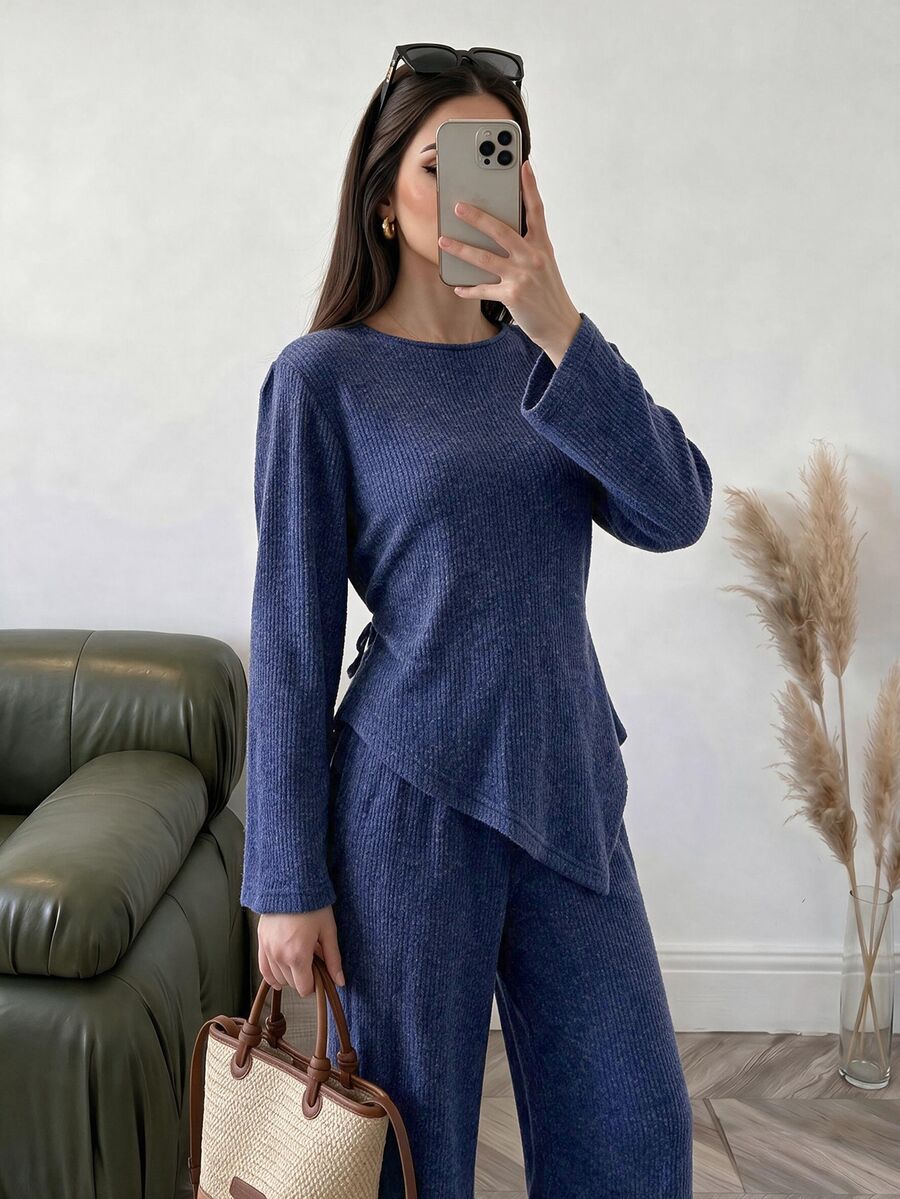 Solavon Women's Solid Color Long Sleeve Asymmetric Hem Top And Pants Arabic Clothing Set - Blue - View 1