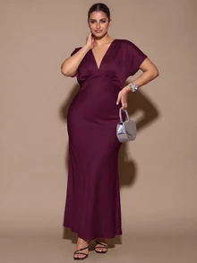 SHEIN BAE CURVE V-Neck Batwing Sleeve Solid Color Mermaid Dress - Maroon - View 4