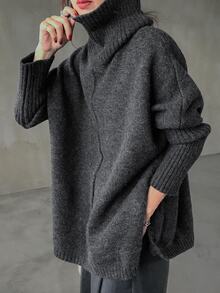 DAZY 女款素色休閒百搭日常穿著長袖針織衫 - 深灰色 - 查看 3