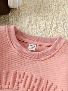 SHEIN 4-8歲女童兩件式羅紋運動套裝，圓領壓紋字母衛衣與慢跑長褲套組，棉混紡春秋休閒小女孩穿搭 - 粉色 - 查看 4
