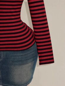 SHEIN ICON Women's Plus Size Autumn/Winter Contrast Lace Black & Gray Striped Fitted T-Shirt Fall - Multicolor - View 6