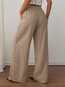 SHEIN PETITE 女款素色休閒百搭日常穿著長褲 - 卡其色 - 查看 3
