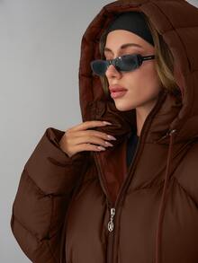 EURMUSE Women Solid Color Contrast WhiteColor Lining Detailed Long Winter Coats - Brown - View 6