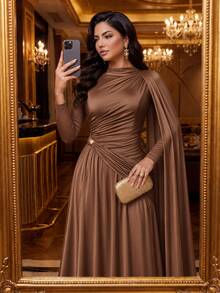 SHEIN Lady Plus Size Women Solid Color Pleated Ribbon Design Elegant Dress - Coffee Brown - View 8