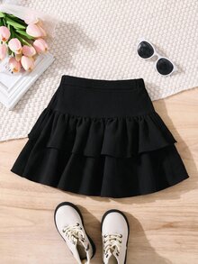 Young Girl Fashion Versatile Woven Solid Color Pleated Fitted Casual Skirt - Black - View 1