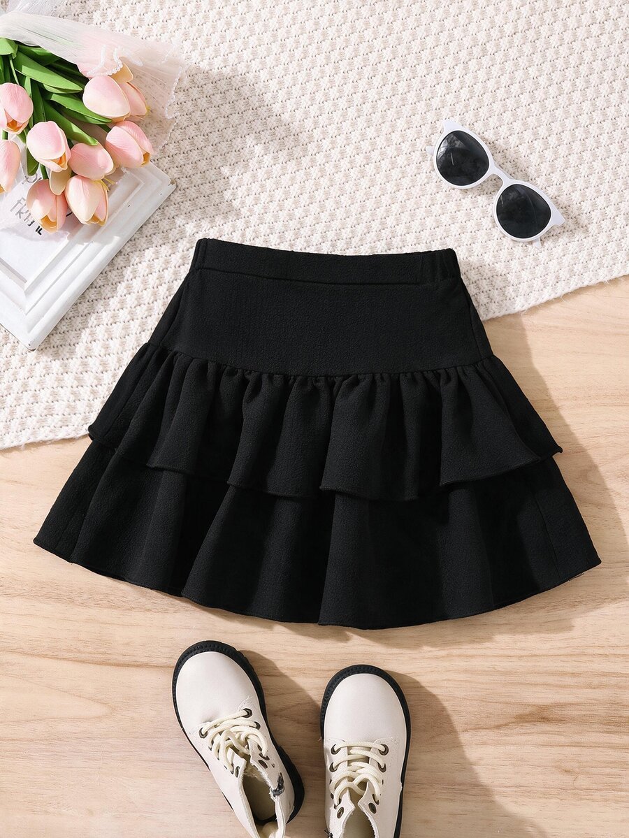 Young Girl Fashion Versatile Woven Solid Color Pleated Fitted Casual Skirt - Black - View 1