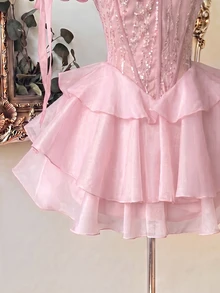 Lovelzi Elegant Luxurious Handmade 3D Applique Decorated Strapless Ruched Multi-Boning Fitted A-Line Short Formal Evening Gown For Women - Pink - View 7