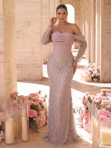 Glamrae Plus Size Elegant Luxurious Beaded Sequin Embroidered Lace Bubble Patchwork Elastic Knit Ruched Mermaid Skirt With Puff Sleeves, Suitable For Wedding Events, Bachelorette Party, Vacation, Ball, Evening Gown (Heavy Workmanship Style) - Dusty Pink - View 7