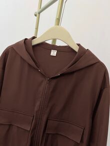 SHEIN 青少年女孩編織素色貼口袋短版寬鬆休閒連帽外套 - 棕色 - 查看 8