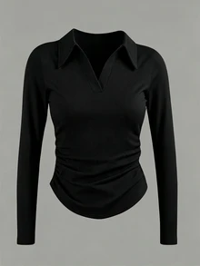 Lalippa 女款 POLO 領長袖 T 恤 3 件套，修身顯瘦休閒極簡風上衣，適合日常通勤穿著，春季/秋季新款女式長袖上衣 - 彩色 - 查看 3