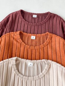 SHEIN Sparklyn 女童三件套，花卉長袖上衣，修身長褲，純色羅紋圓弧下擺，適合秋冬穿著，校園穿搭 - 棕色 - 查看 3