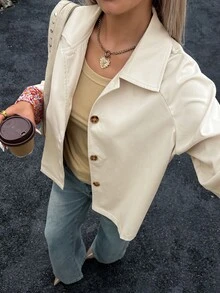 Livesso 女款休閒短版夾克，翻領設計，拉鍊開合，長袖，口袋裝飾，修身剪裁，杏色，秋冬款 - 杏色 - 查看 6