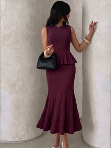 Modelyn Setelan Dua Potong Wanita Musim Gugur/Dingin Elegan, Atasan Tanpa Lengan dengan Hiasan Rumbai di Bagian Bawah dan Rok Model Duyung - Berwarna merah muda - View 1