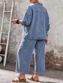EMERY ROSE EMERY ROSE Plus Size Denim Two Pieces Outfits Fall/Winter Casual Y2K Basic Halloween Festival School - Blue - View 2