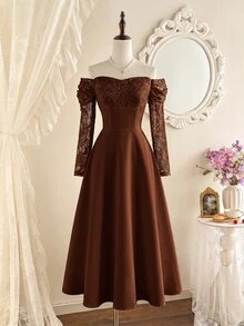 Vintamour Women's Lace Patchwork Tube Casual Party Long Strapless Dress - Brown - View 2