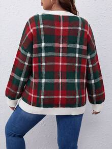 SHEIN LUNE CURVE 女款大尺碼V領拼色聖誕風寬鬆長袖針織衫 - 彩色 - 查看 2