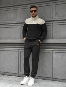 Manfinity Homme 新款男士半拉鍊立領休閒套裝，米色與黑色拼接設計，3D紋理提花面料，寬鬆版型衛衣搭配錐形長褲，適合通勤日常運動，年輕與中年男士穿著的2件式套頭衛衣套裝 - 黑色 - 查看 2