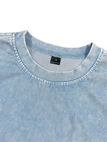 SHEIN Plus Size Washed Denim Mini Dress, Round Neck Long Sleeve Slim Fit Skirt, Suitable For Daily Wear - Blue - View 5