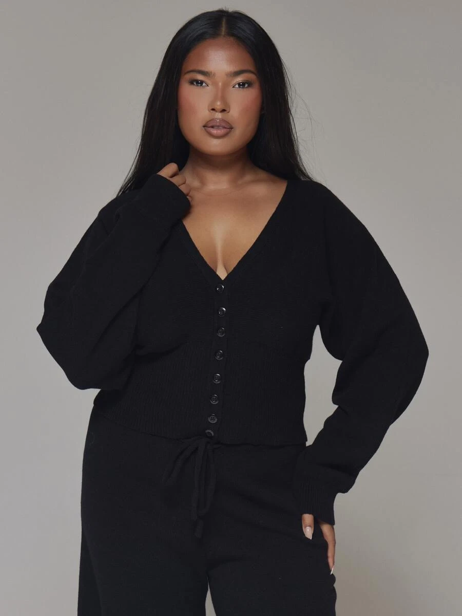 MUSERA Plus Size Black Knit Long Sleeve V Neck Cardigan Spring Summer Casual Everyday Day Outfit Going Out - Black - View 1