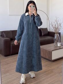 Solavon Women's Colorblock Lapel Zip Design Long Sleeve Arabian Dress - Blue - View 3