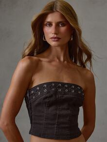 MUSERA Black Woven Eyelet Detail Bandeau Top Fall Winter Everyday Causal Going Out Cool Girl Forces - Coffee Brown - View 5