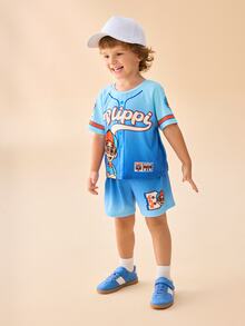 Blippi X SHEIN Young Boys Crew Neck Striped Letter Print T-Shirt And Shorts Set - Blue - View 5